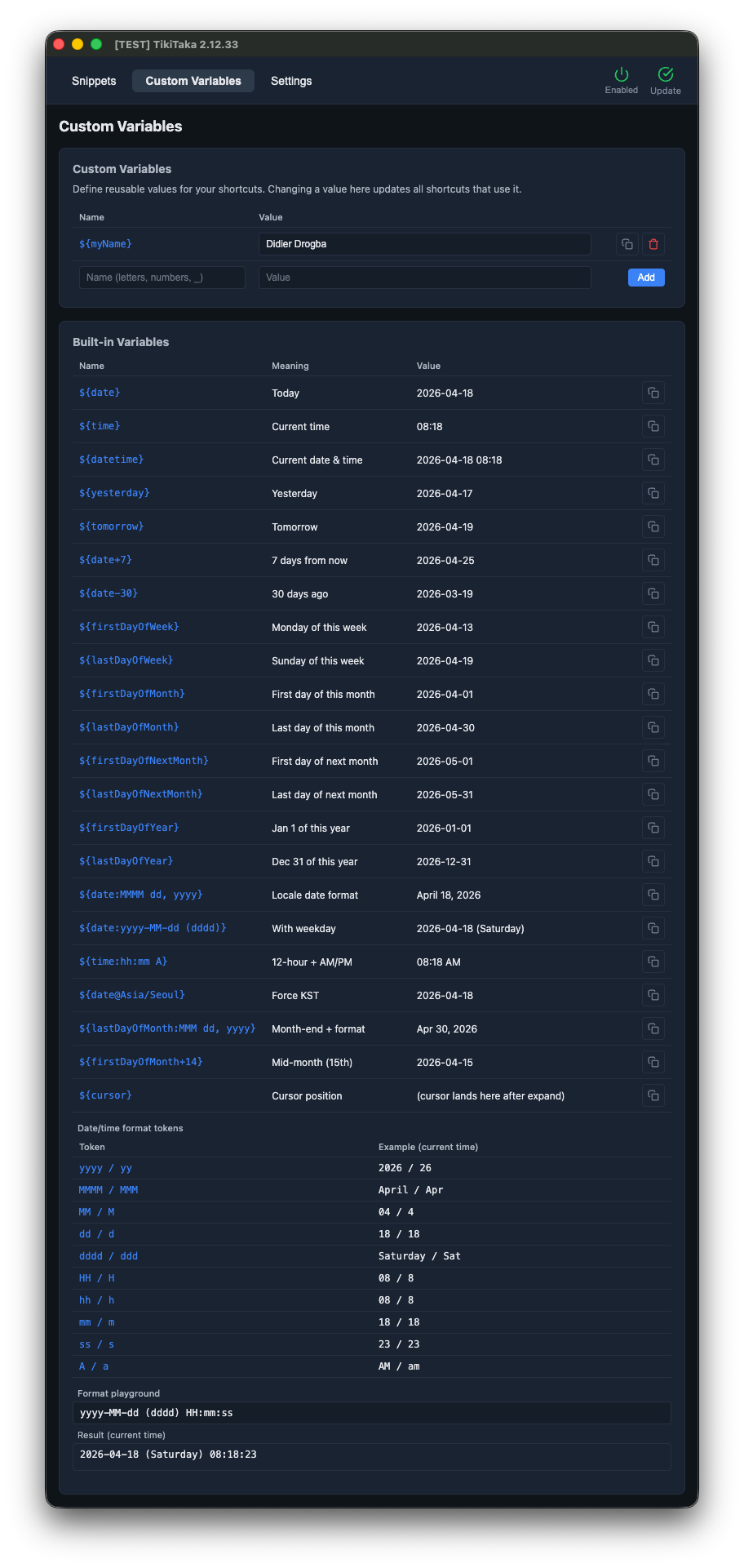 TikiTaka custom variables — reusable tokens like email and date for snippet replacement