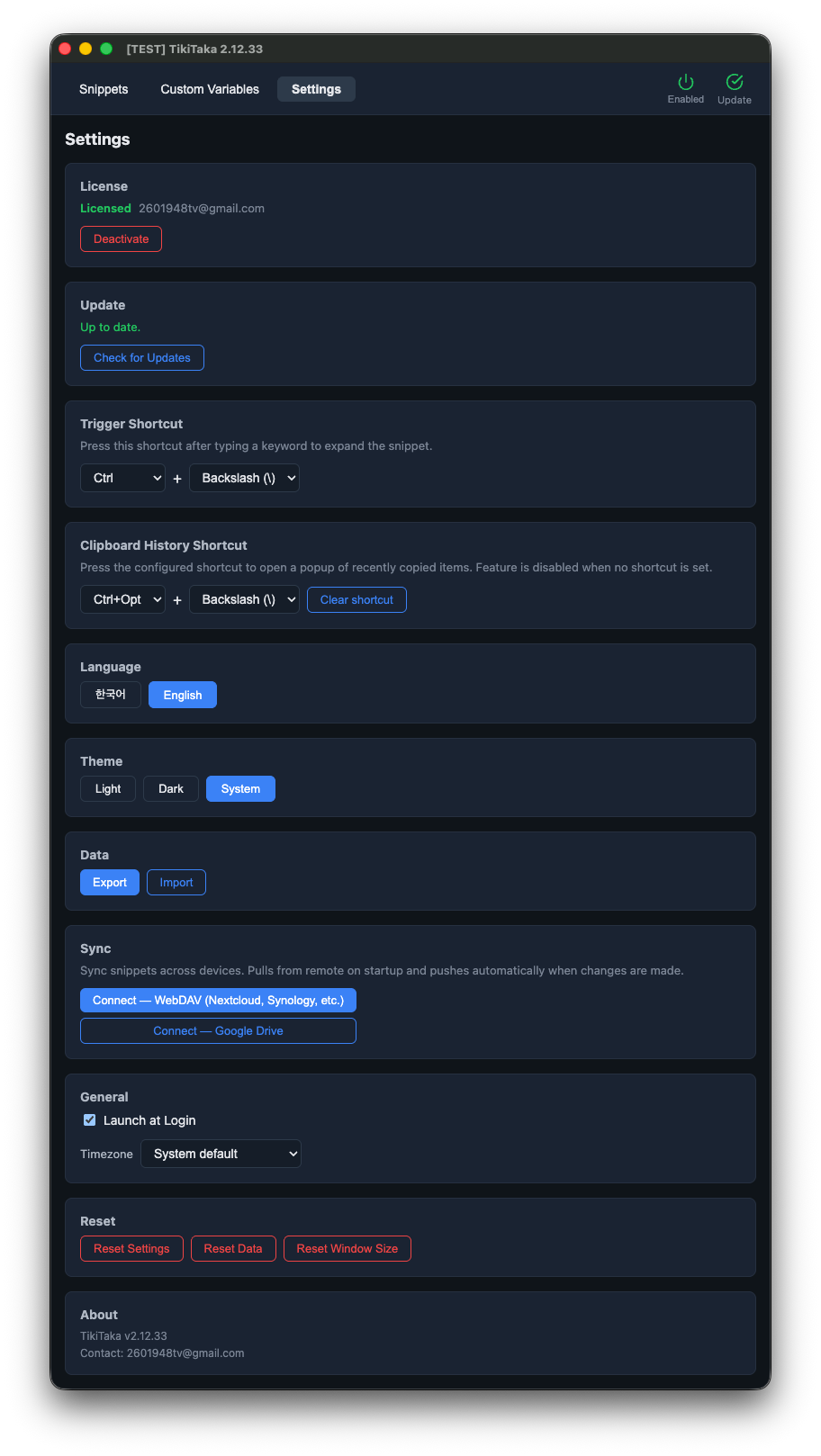 TikiTaka settings — trigger keys, themes, and clipboard history preferences